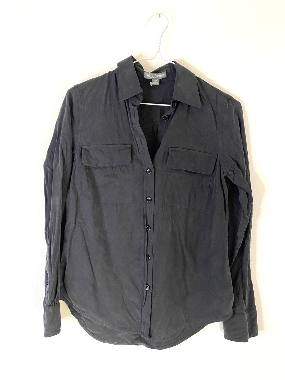 GO SILK 100% Silk Black Utility Button Front Shirt Petite Adjustable Cuffs